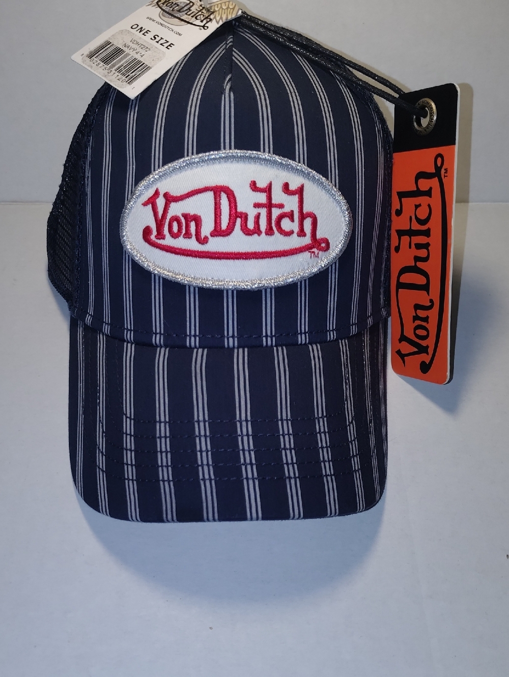 New Von Dutch Navy Pinstripe Cap with Red Logo Patch